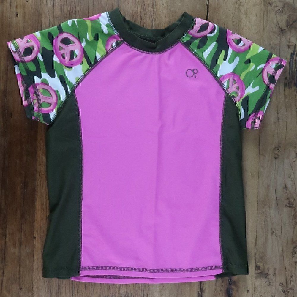 OCEAN PACIFIC OP PINK PEACE SIGN CAMO SWIM SHIRT RASHGUARD GIRLS SIZE 7/8